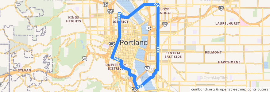 Mapa del recorrido Streetcar B: Portland (Counter-clockwise) de la línea  en Portland.