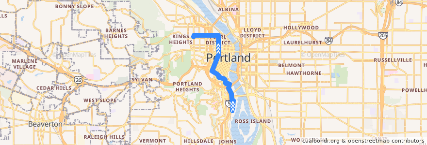 Mapa del recorrido Streetcar NS: South Waterfront => Northwest 23rd & Marshall de la línea  en Portland.