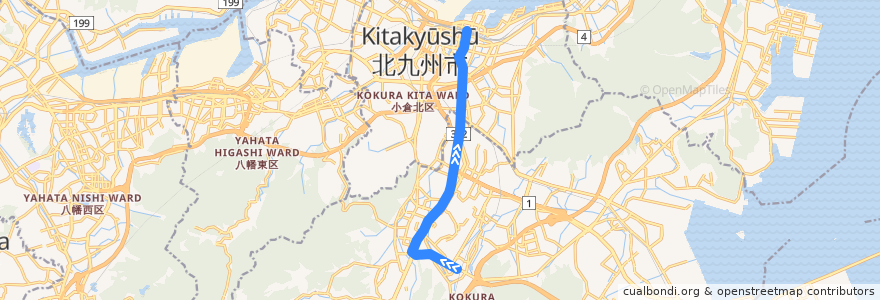 Mapa del recorrido Kitakyushu Urban Monorail Kokura 企救丘 - 小倉 de la línea  en 北九州市.