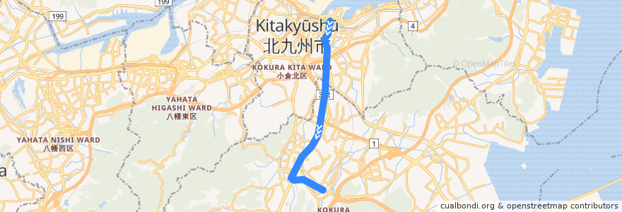 Mapa del recorrido Kitakyushu Urban Monorail Kokura 小倉 - 企救丘 de la línea  en 키타큐슈시.