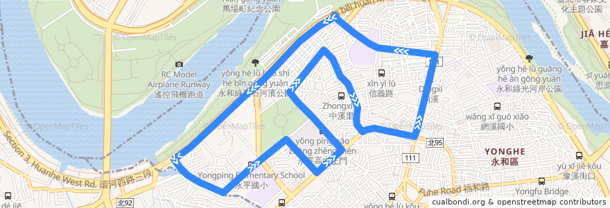 Mapa del recorrido 新北市 F521 永和A線 永平高中(單向循環) de la línea  en Yonghe District.