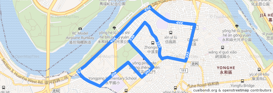 Mapa del recorrido 新北市 F521 永和A線 永平高中(單向循環) de la línea  en Yonghe.