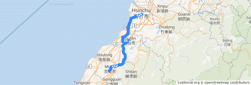 Mapa del recorrido 5802 新竹→苗栗(經竹南、頭份、明德) de la línea  en Taiwan maritime boundary.