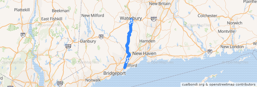 Mapa del recorrido Metro-North New Haven Line: Bridgeport <=> Waterbury de la línea  en New Haven County.