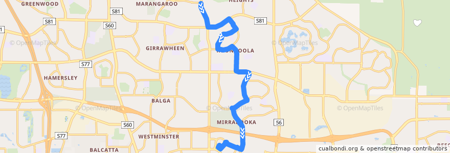 Mapa del recorrido 377T Alexander Heights Shopping Centre → Mirrabooka Bus Station de la línea  en 西オーストラリア.