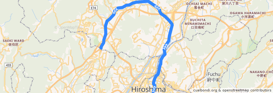 Mapa del recorrido 広島高速交通広島新交通1号線 de la línea  en Hiroshima.