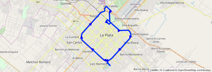 Mapa del recorrido 46 de la línea Este en Partido de La Plata.