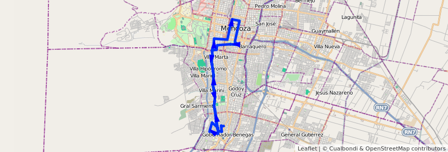 Mapa del recorrido 46 - Mosconi Expreso por Paso de los Andes de la línea G04 en Mendoza.