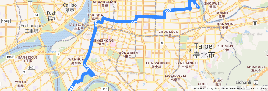 Mapa del recorrido 臺北市 12 東園-民生社區(往程) de la línea  en 臺北市.