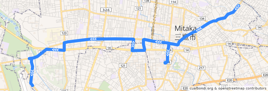 Mapa del recorrido Bus 三鷹台・飛行場ルート 三鷹台駅 => 調布飛行場 de la línea  en 三鷹市.