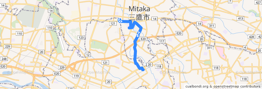 Mapa del recorrido Bus 新川・中原ルート 三鷹中央防災公園・元気創造プラザ->つつじヶ丘駅北口 de la línea  en 東京都.