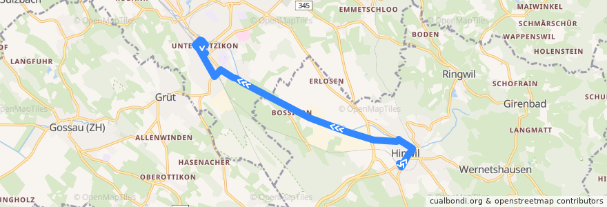 Mapa del recorrido Bus 869: Hinwil, Bahnhof => Wetzikon ZH, Bahnhof (Weg A) de la línea  en Bezirk Hinwil.