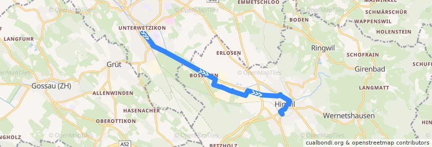 Mapa del recorrido Bus 869: Wetzikon ZH, Bahnhof => Hinwil, Bahnhof (Hauptweg) de la línea  en Bezirk Hinwil.