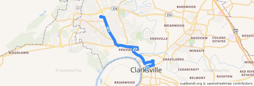Mapa del recorrido Bus 1: Clarksville Transit Center => Fort Campbell Walmart de la línea  en Clarksville.