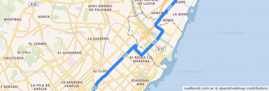 Mapa del recorrido T5: Glòries => Gorg de la línea  en Barcelonès.