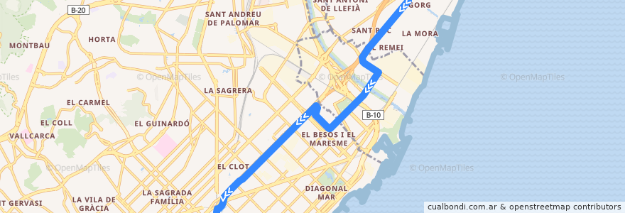 Mapa del recorrido T5: Gorg => Glòries de la línea  en Barcelonès.