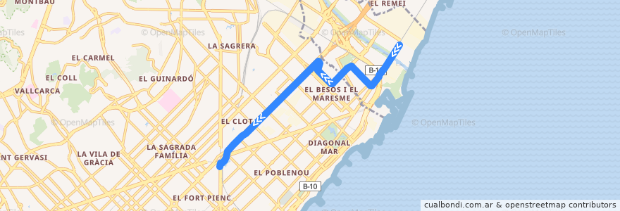 Mapa del recorrido T6: Estació de Sant Adrià => Glòries de la línea  en Barcelonès.