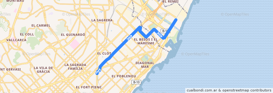 Mapa del recorrido T6: Glòries => Estació de Sant Adrià de la línea  en Barcelonès.