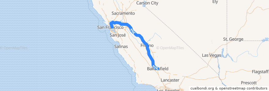 Mapa del recorrido Amtrak San Joaquins: Bakersfield => Oakland de la línea  en Californie.
