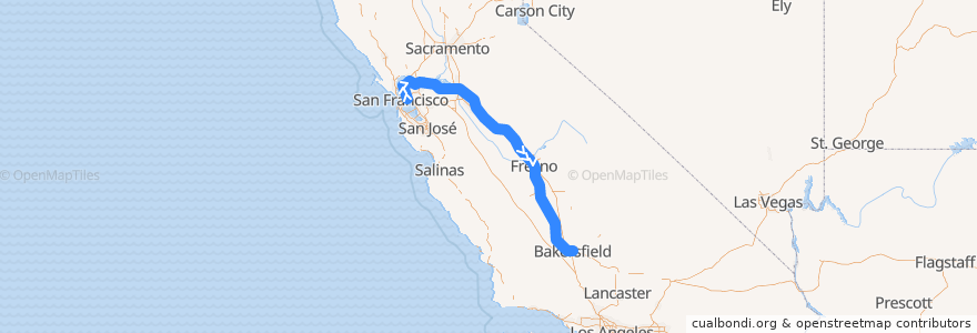 Mapa del recorrido Amtrak San Joaquins: Oakland => Bakersfield de la línea  en California.