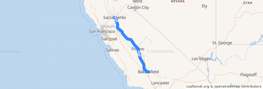 Mapa del recorrido Amtrak San Joaquins: Sacramento => Bakersfield de la línea  en Califórnia.