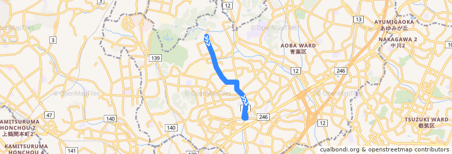 Mapa del recorrido 鴨志田団地線 de la línea  en 青葉区.