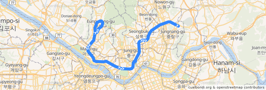 Mapa del recorrido 서울 지하철 6호선: 응암순환 → 신내 de la línea  en 서울특별시.