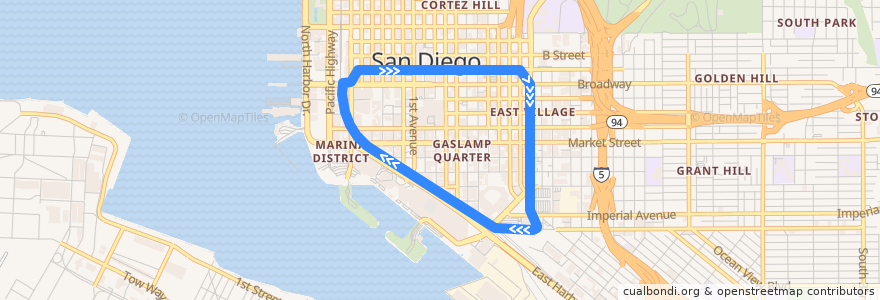Mapa del recorrido SDG&E Silver Line (clockwise) de la línea  en San Diego.