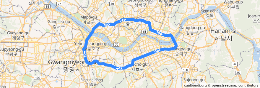 Mapa del recorrido 서울 지하철 2호선: 내선순환 de la línea  en 서울.