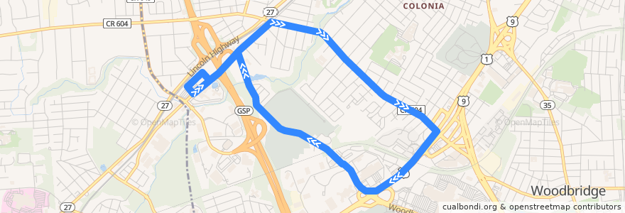 Mapa del recorrido NJTB - 802 de la línea  en Woodbridge Township.