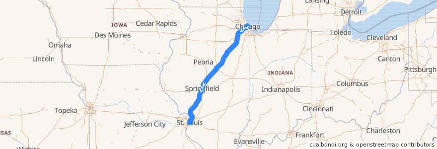 Mapa del recorrido Amtrak Lincoln Service: Chicago <=> Saint Louis de la línea  en 伊利诺伊州 / 伊利諾州.