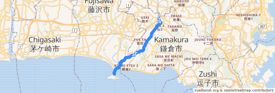 Mapa del recorrido 大船線　大船駅⇒江ノ島 de la línea  en Prefettura di Kanagawa.