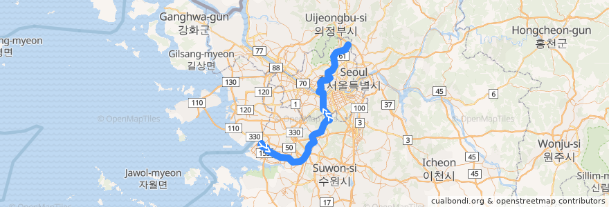 Mapa del recorrido 서울 지하철 4호선: 오이도 → 당고개 de la línea  en Güney Kore.