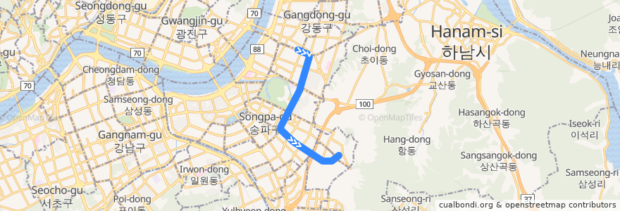 Mapa del recorrido 서울 지하철 5호선: 강동 → 마천 de la línea  en Seul.