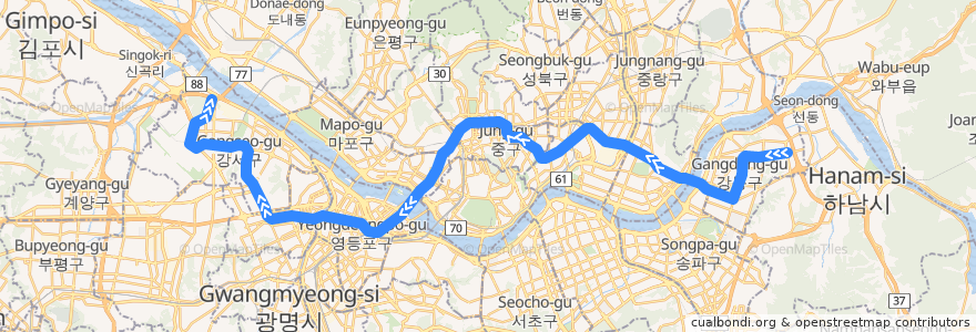 Mapa del recorrido 서울 지하철 5호선: 상일동 → 방화 de la línea  en Seul.