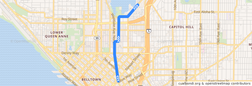 Mapa del recorrido South Lake Union Street Car North de la línea  en Seattle.