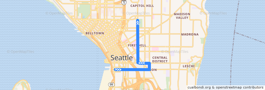 Mapa del recorrido First Hill Streetcar Northbound de la línea  en Seattle.