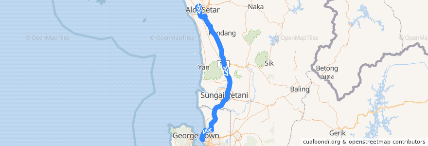 Mapa del recorrido Transnasional Alor Setar – Butterworth de la línea  en Malásia.