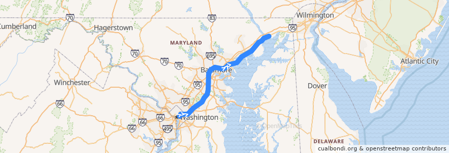 Mapa del recorrido MARC Penn Line: Perryville => Washington de la línea  en Maryland.