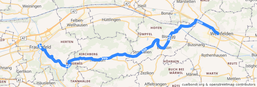 Mapa del recorrido Bus 838: Frauenfeld, Bahnhof => Weinfelden, Bahnhof de la línea  en Thurgau.