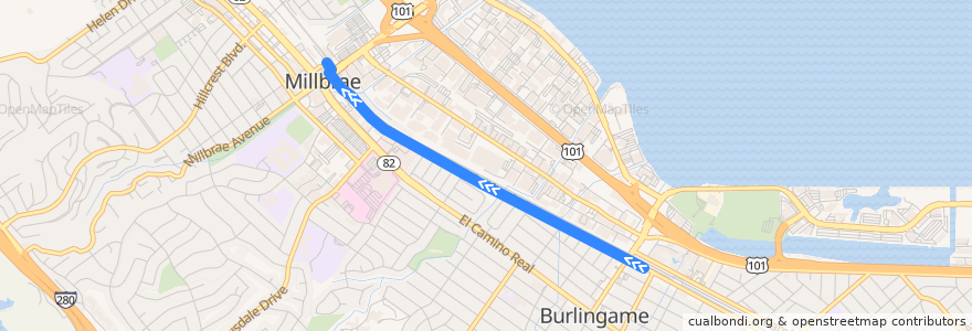 Mapa del recorrido Caltrain Millbrae Broadway Shuttle: Broadway => Millbrae de la línea  en San Mateo County.