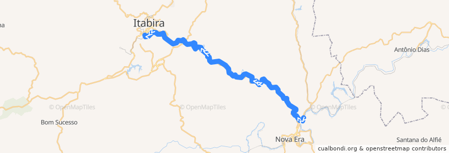 Mapa del recorrido EFVM Desembargador Drumond - Itabira de la línea  en Minas Gerais.