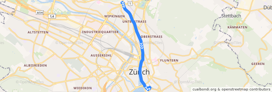 Mapa del recorrido Tram 15: Bucheggplatz → Bahnhof Stadelhofen de la línea  en Zurich.