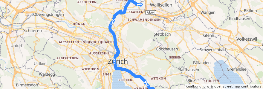 Mapa del recorrido Tram 11: Auzelg → Rehalp de la línea  en Zürich.