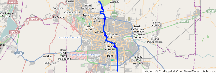 Mapa del recorrido 5 de la línea A (Azul) en Municipio de Córdoba.