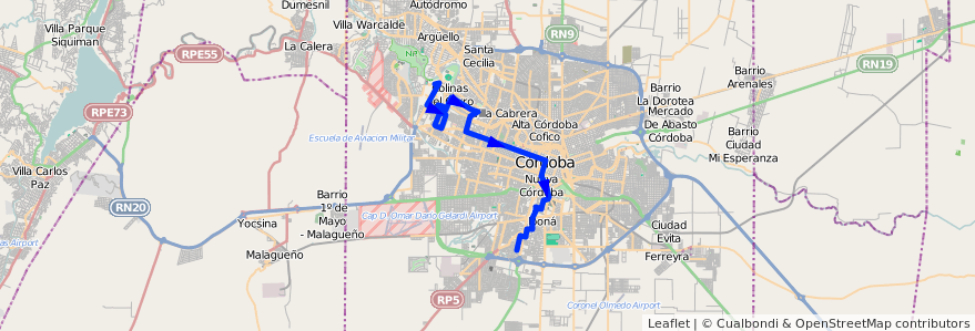 Mapa del recorrido 5 de la línea E (Celeste) en Córdoba.