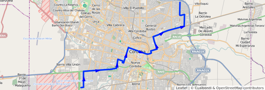 Mapa del recorrido 5 de la línea C (Amarillo) en Municipio de Córdoba.