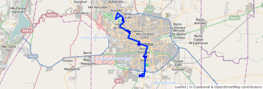 Mapa del recorrido 5 de la línea D (Diferencial) en Córdoba.