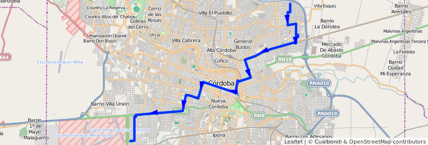 Mapa del recorrido 5 de la línea C (Amarillo) en Córdoba.