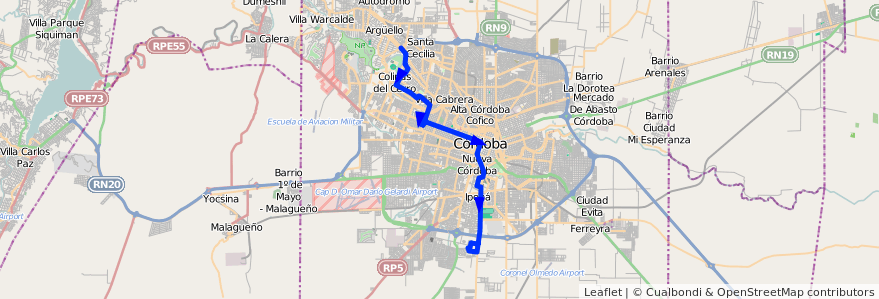 Mapa del recorrido 5 de la línea D (Diferencial) en Córdoba.